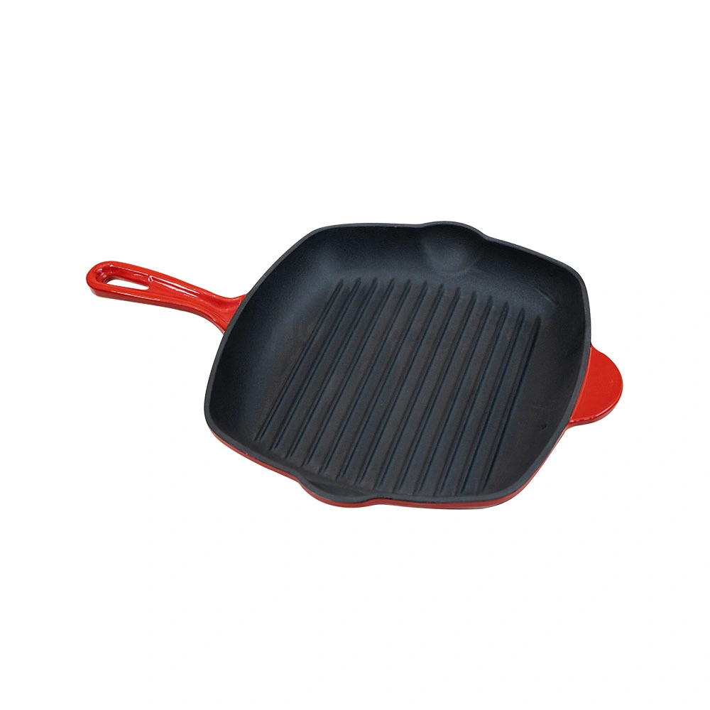 Enameled Cast Iron Cookware Square Frying Pan with Red Enamel Handles