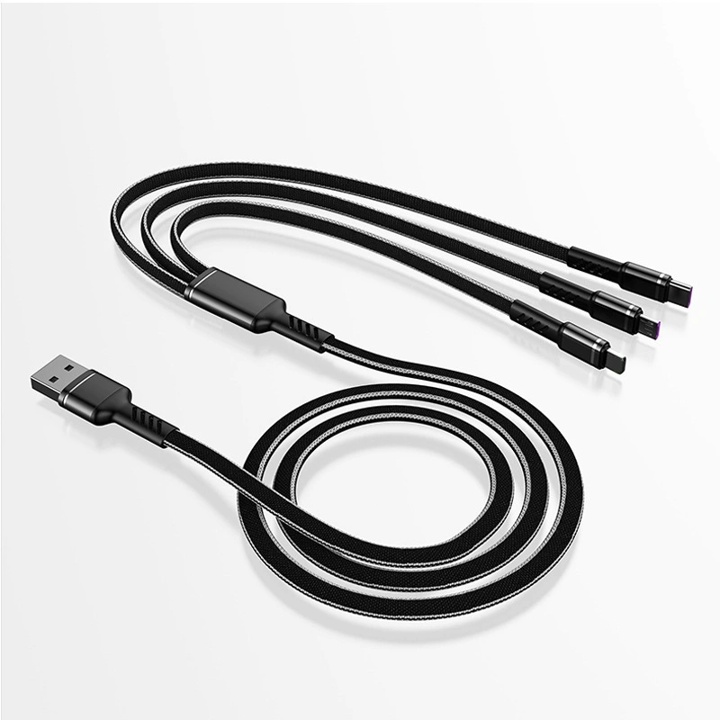 3-in-1noodle Flat Line Copper Core Nylon Braided Data Cable 2.4A Fast Charge Mobile Phone Charging Cable