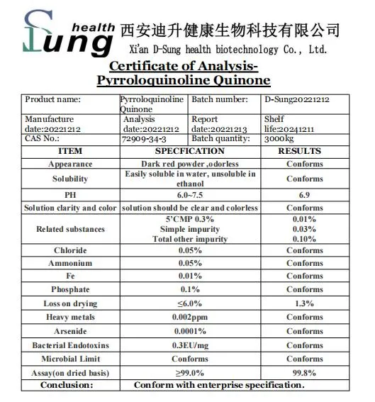 Supplément santé Pyrroloquinoléine quinone antioxydant PQQ pureté de la poudre PQQ