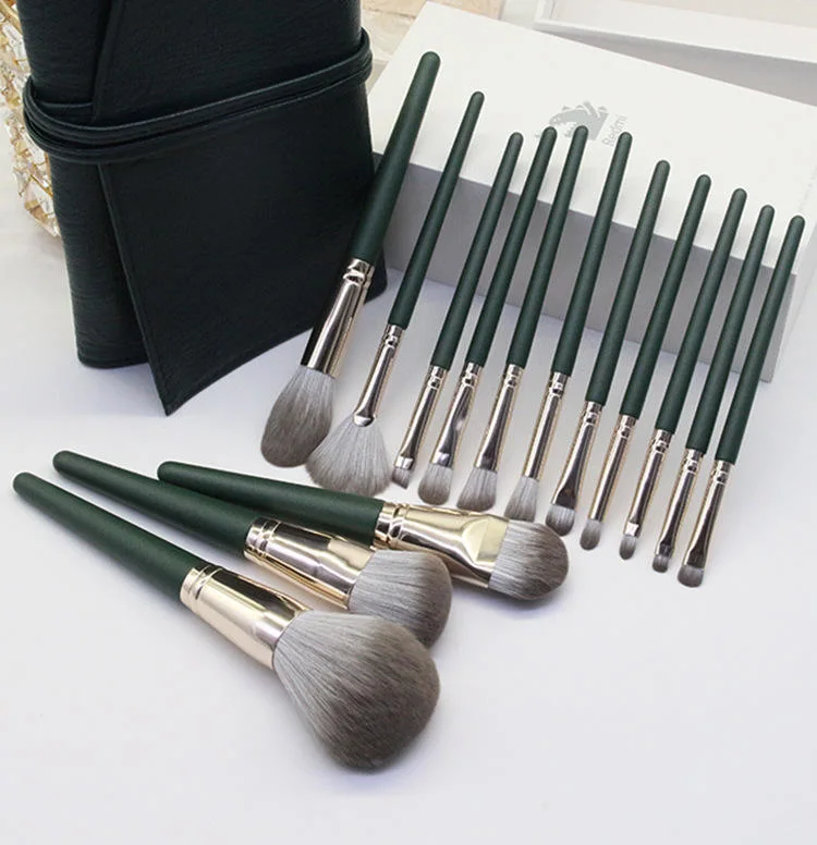 Ensemble de pinceaux de maquillage verts de haute qualité avec étui ceinture, 14 PCS, étiquette privée professionnelle, logo personnalisé, en poils synthétiques