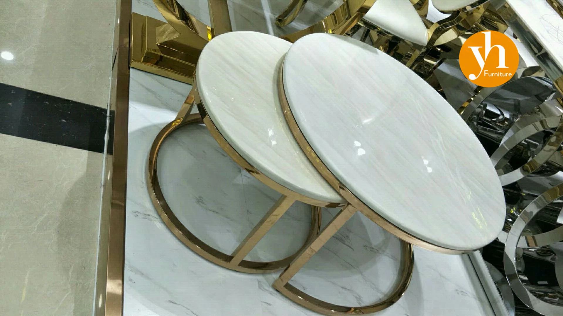 White Gold Wedding Coffee Table Luxury Modern Round Marble Brass Metal Base