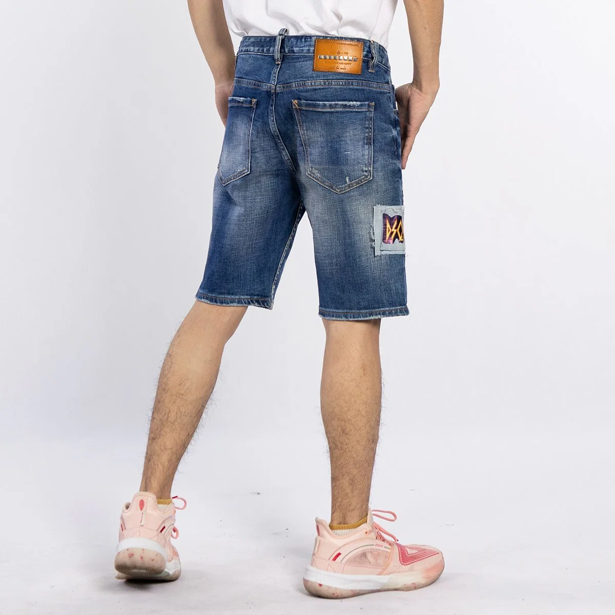 Custom Distressed Blue Five Hose Denim Patchwork Design Herren Shorts Jeans