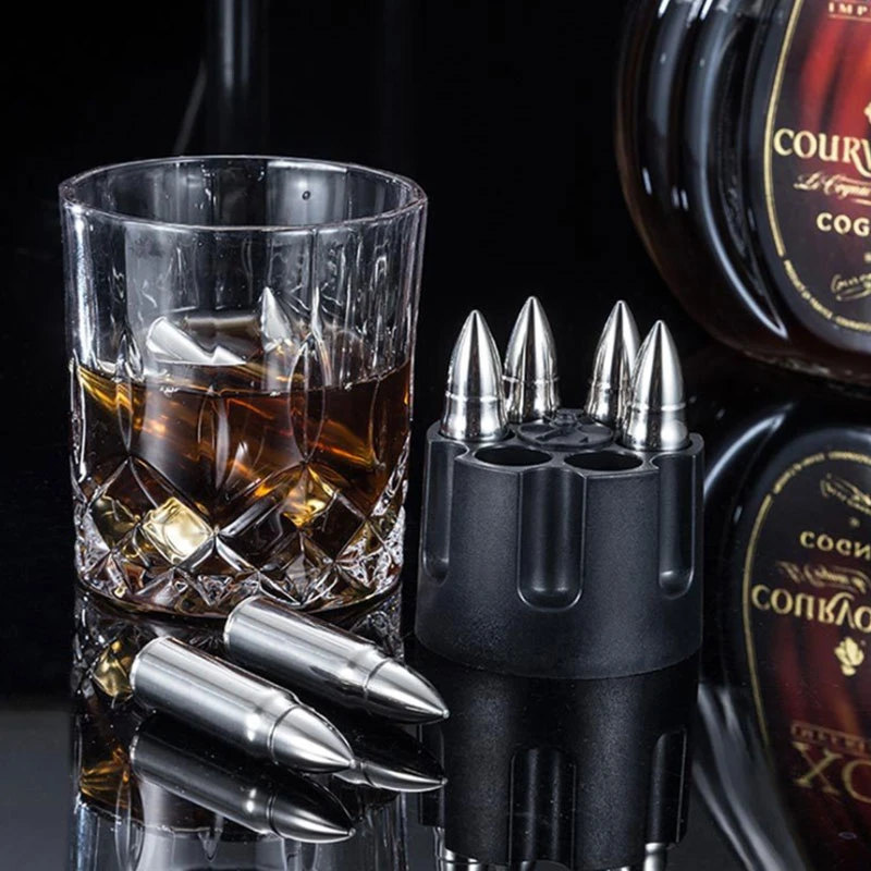 Whiskey Stones em aço inoxidável, moldados como cubos de Whiskey bullets