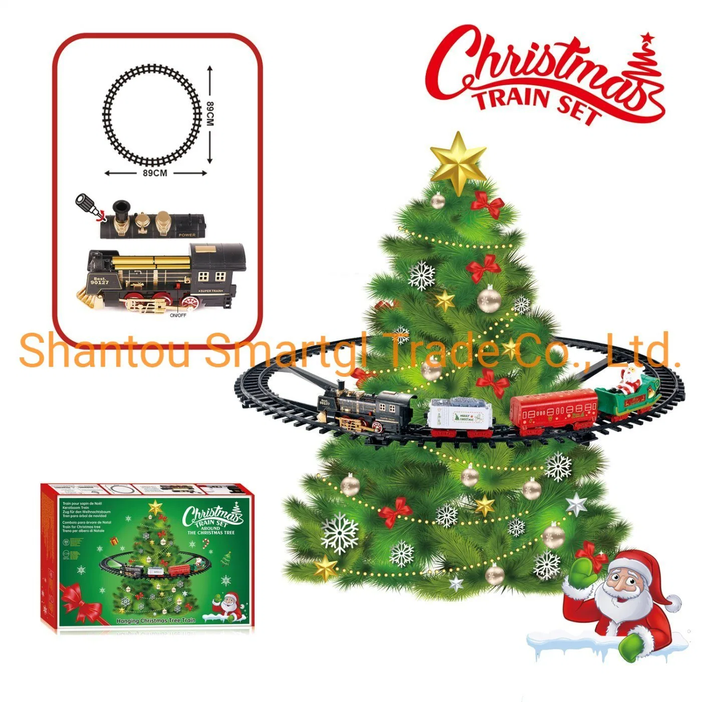 قطار رشاش كلاسيكى مع أضواء وموسيقى مع شجرة عيد الميلاد الحامل والسكة الحديدية