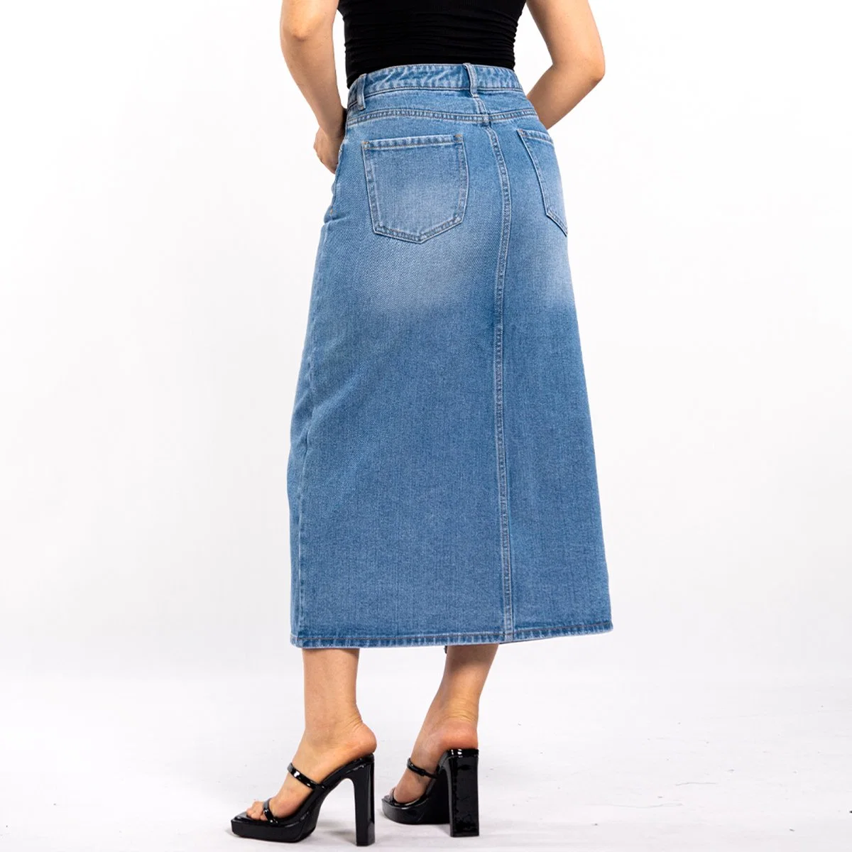 Custom Blue Washed Straight High Waist Split Denim Skirt for Women