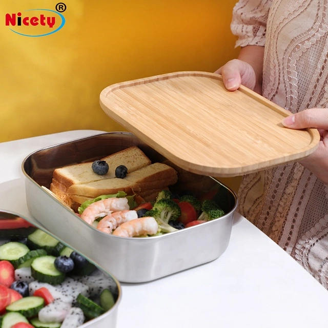 Tableware Rectangle Airtight Lid 1400m Eco Friendly with Elastic Belt Bamboo Food Container Stainless Steel Lunchbox