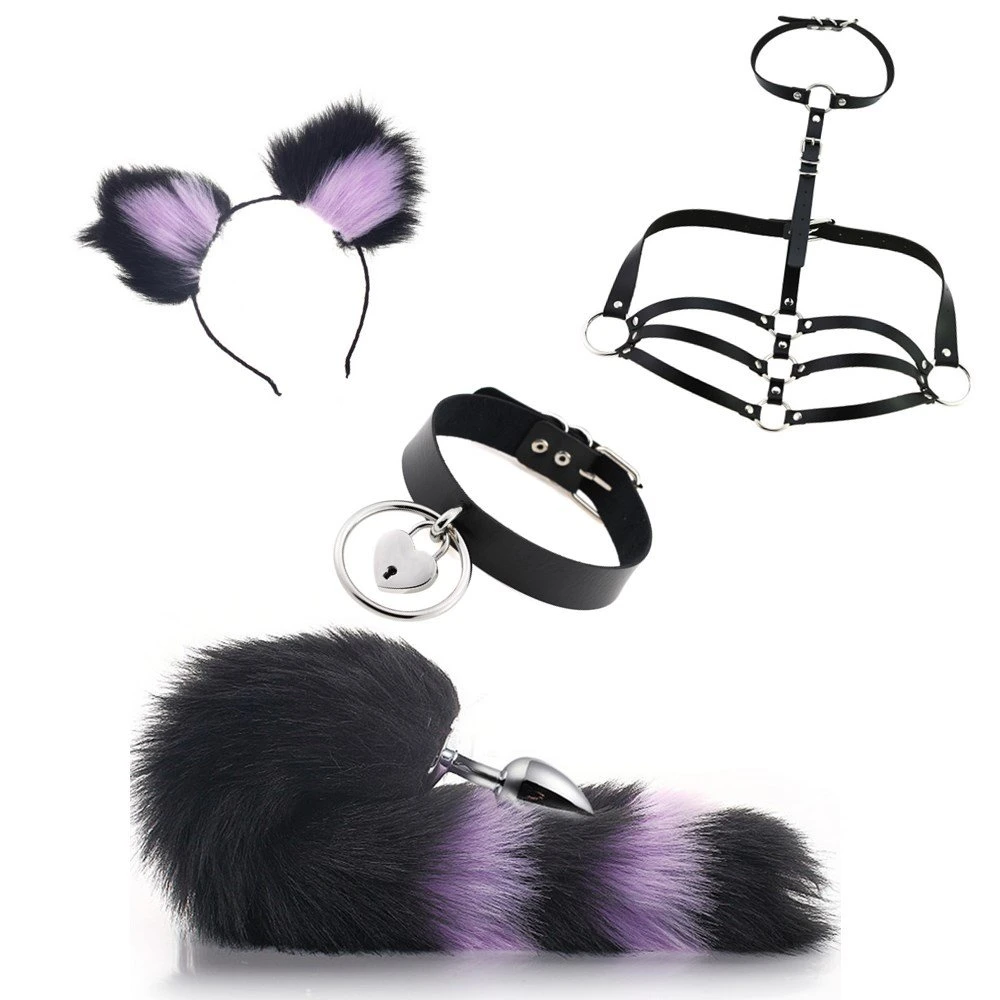 Black Purple 4 PCS Anal Tail Set Novelty Adult Toy for Sm Sex with Ears Headband and Collar