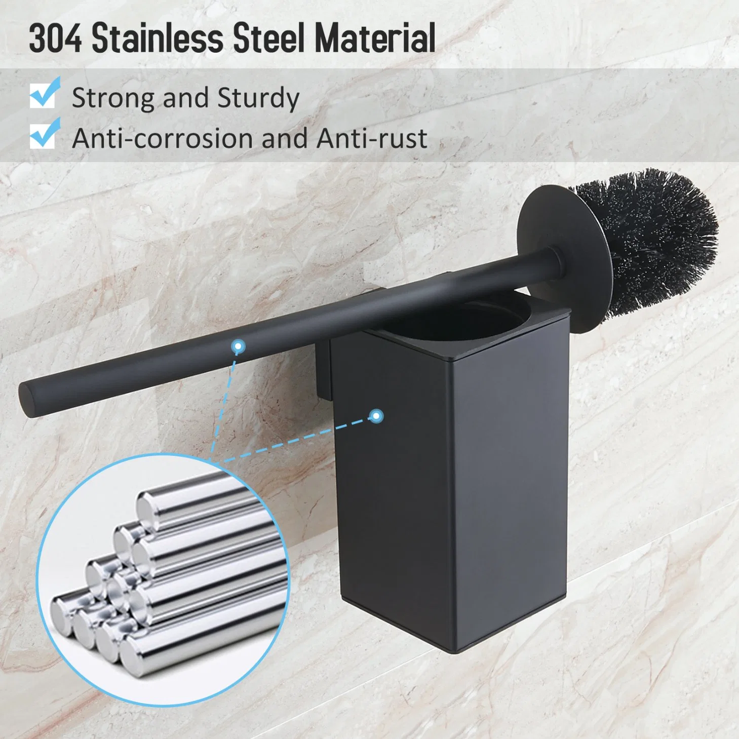 Square 304 Accessoires de toilette en acier inoxydable noir Support mural Brosse de toilette