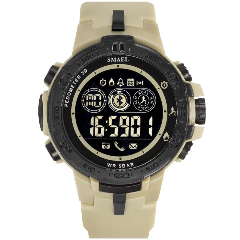 Khaki Bluetooth Sports Electronic Watch Men's Outdoor Step Counter Digital Watch Waterproof 50m