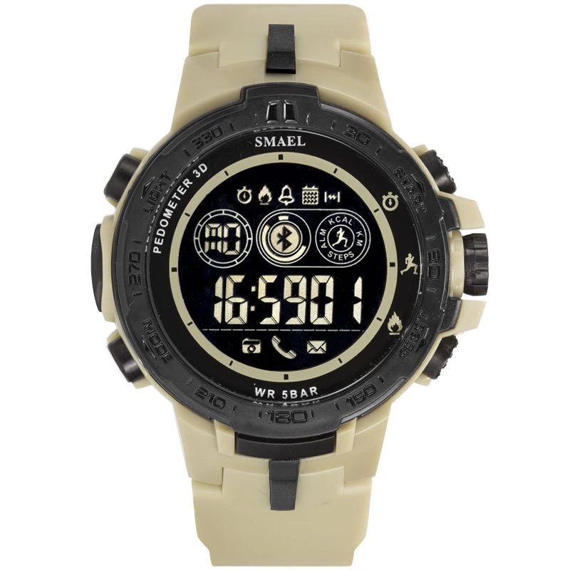 Khaki Bluetooth Deportes reloj electrónico Hombre de contador de pasos al aire libre digital Ver Waterproof 50m