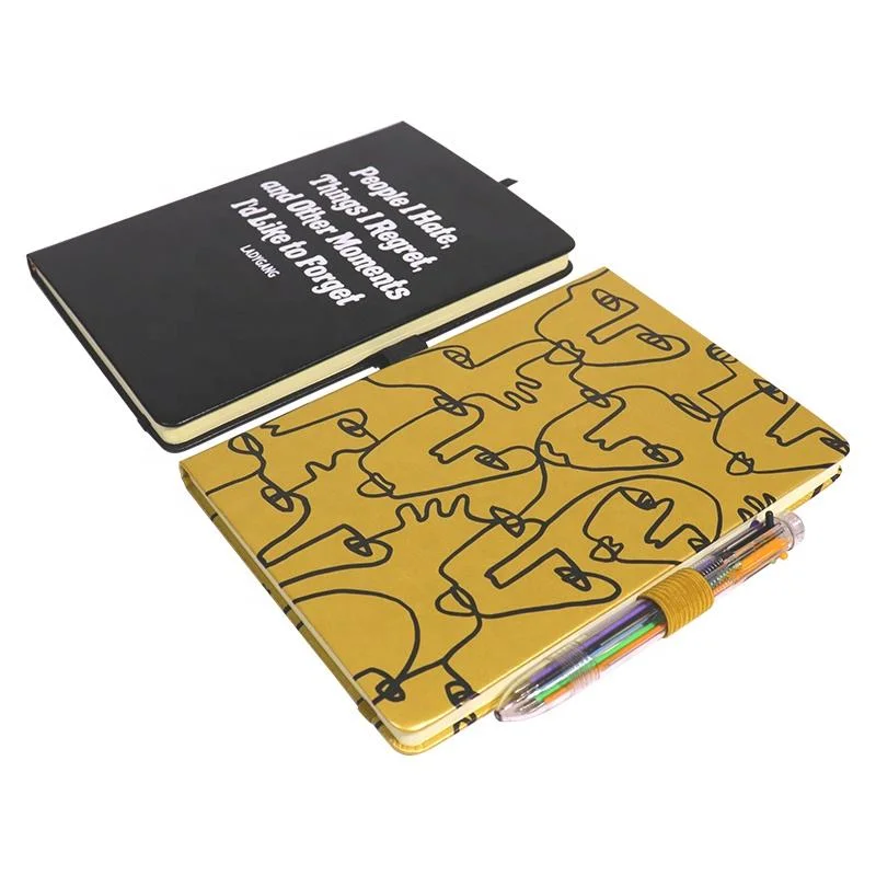 Customizable Hardcover Yellow Black Notebook Diary Set Printed Custom Leather Diary