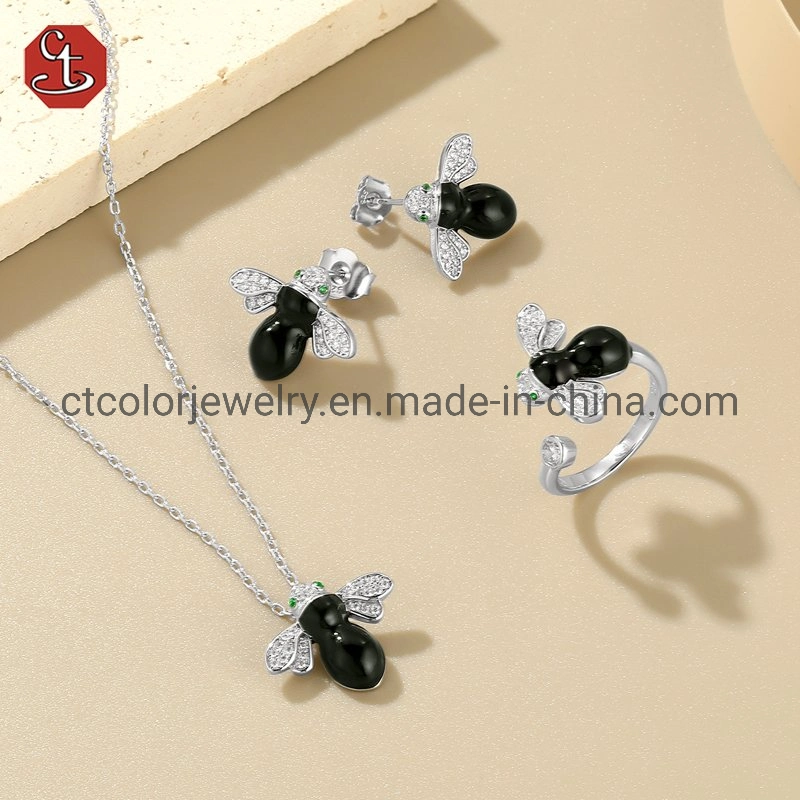 Cute Animal Model Green Enamel Zirconia Bee Ring Earrings Necklace Jewelry Set