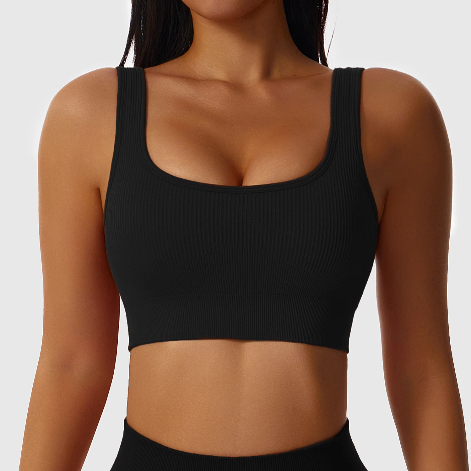 Seamless Ribbed Sports Bra Running Yoga Bra High Strength Shockproof U-Neck Sports Underwear Tank Top Fitness Sports Bra