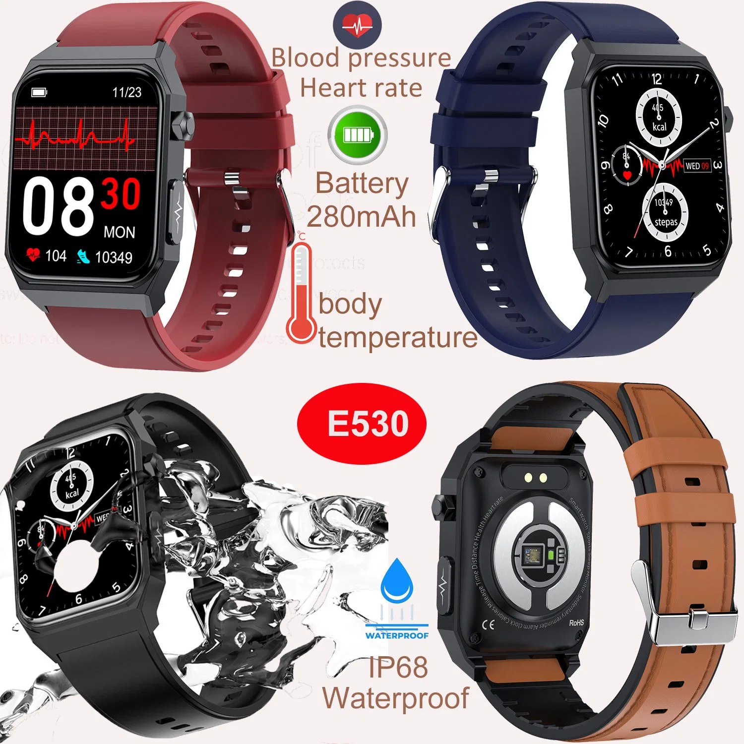 Nuevo regalo de cumpleaños Bluetooth Smart Bracelet con frecuencia cardiaca Presión arterial ECG E530