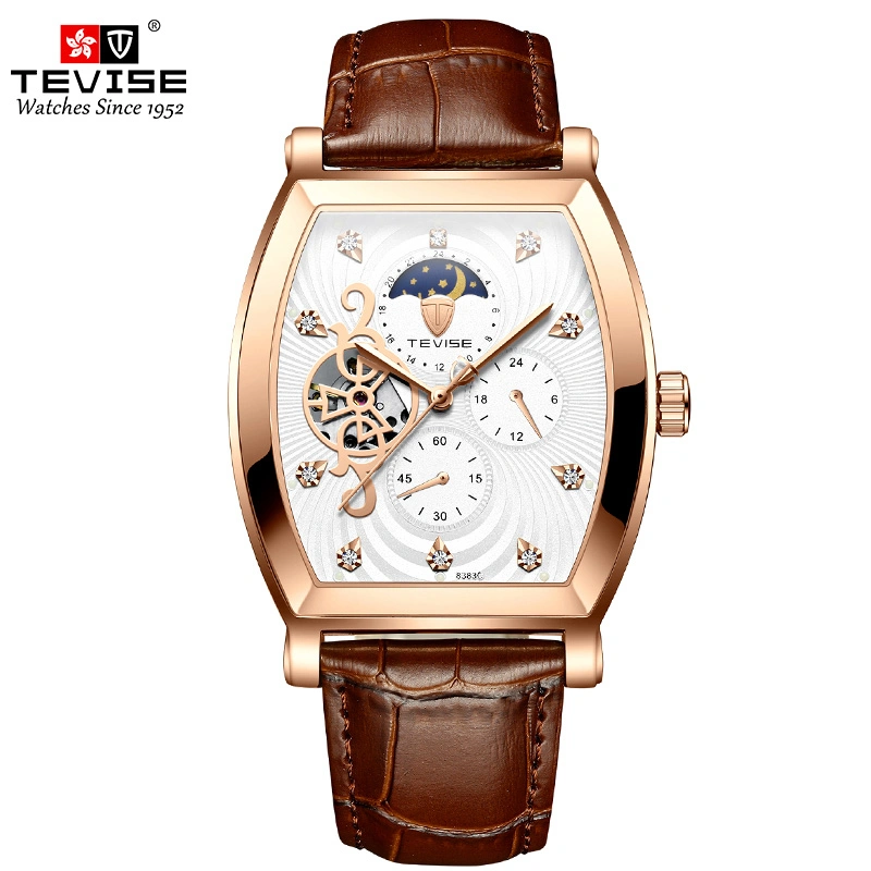 Tevise Men Automatic Self-Wind Watch Stainless Steel Bracelet Mechanical Moon Phase Tourbillon Fashion Wristwatch