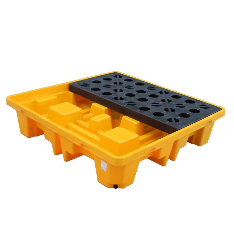 4 Drum 68gal/260L Sump Capacity Forklift Pockets HDPE Plastic Oil Barrel High Profile Spill Containment Pallet for Chemical Storage Leakproof