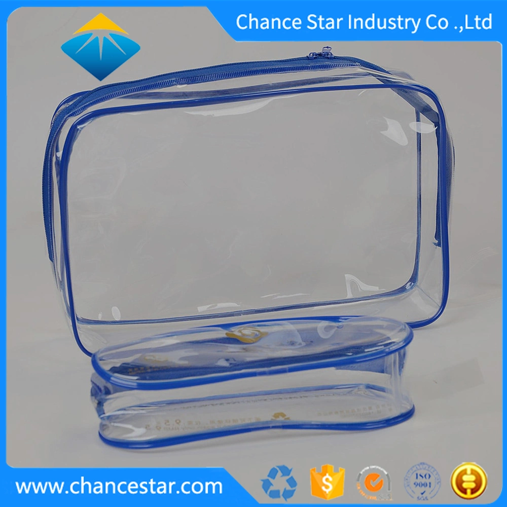 Custom de plástico transparente de PVC transparente con cremallera costura bolsa de cosméticos