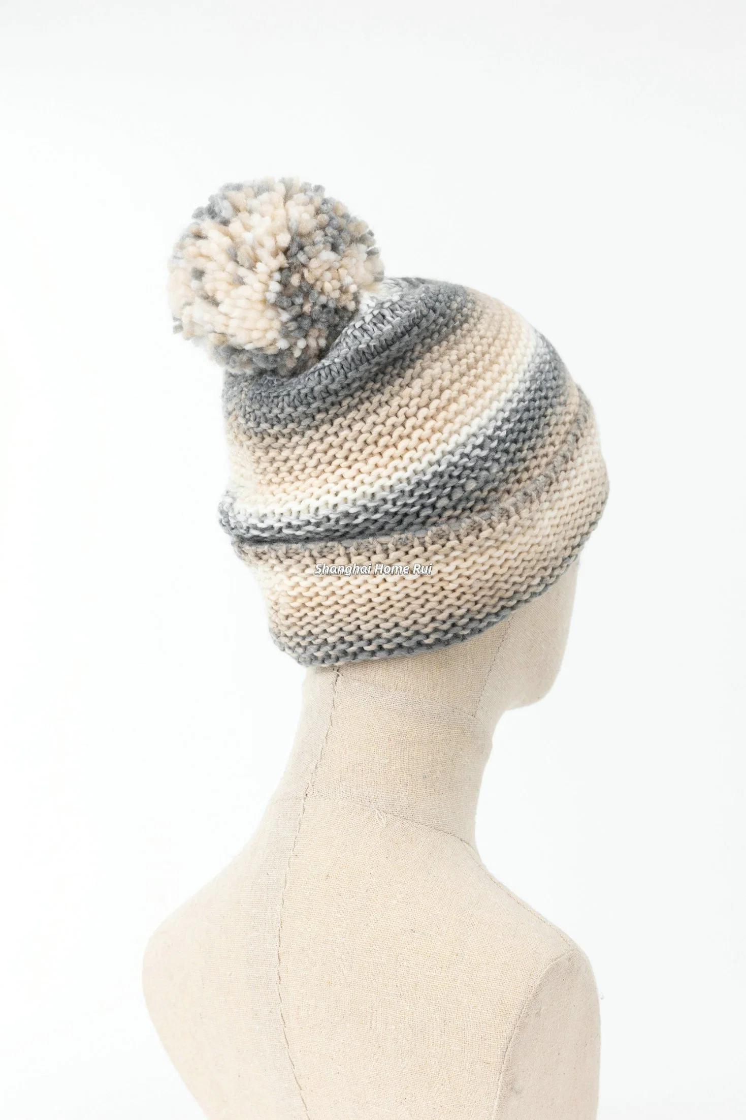 Mulher, suave e aconchegante, com acabamento em acrílico, bege, cinzento, branco Gorro casual com riscas mistas PomPom Blended