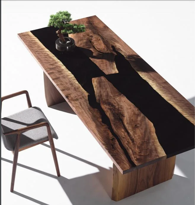 Custom Walnut Wood Texture River Resin Dining Table Top for Luxury Furniture