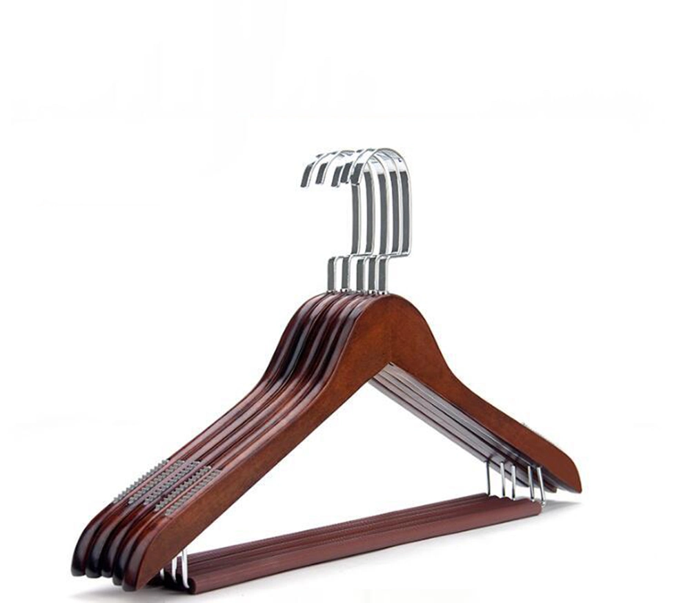 Varnished Top Quality Wooden Clothes Hanger with Locking Bottom Bar&Non-Slip Gripper in Natural Wood/Dark Walnut Colour for Adults' Shirt/Skirt/Coat/Suit/Jacket