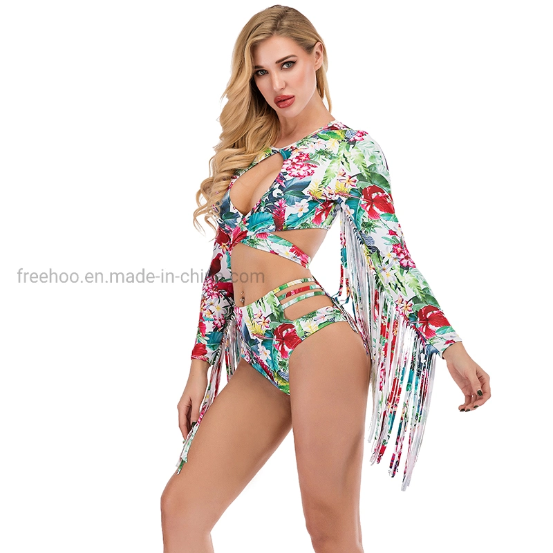 2021 Custom Mature Mesh Floral Print with Long Sleeves in Tassels Sexy Swimwear High Waist Bikini