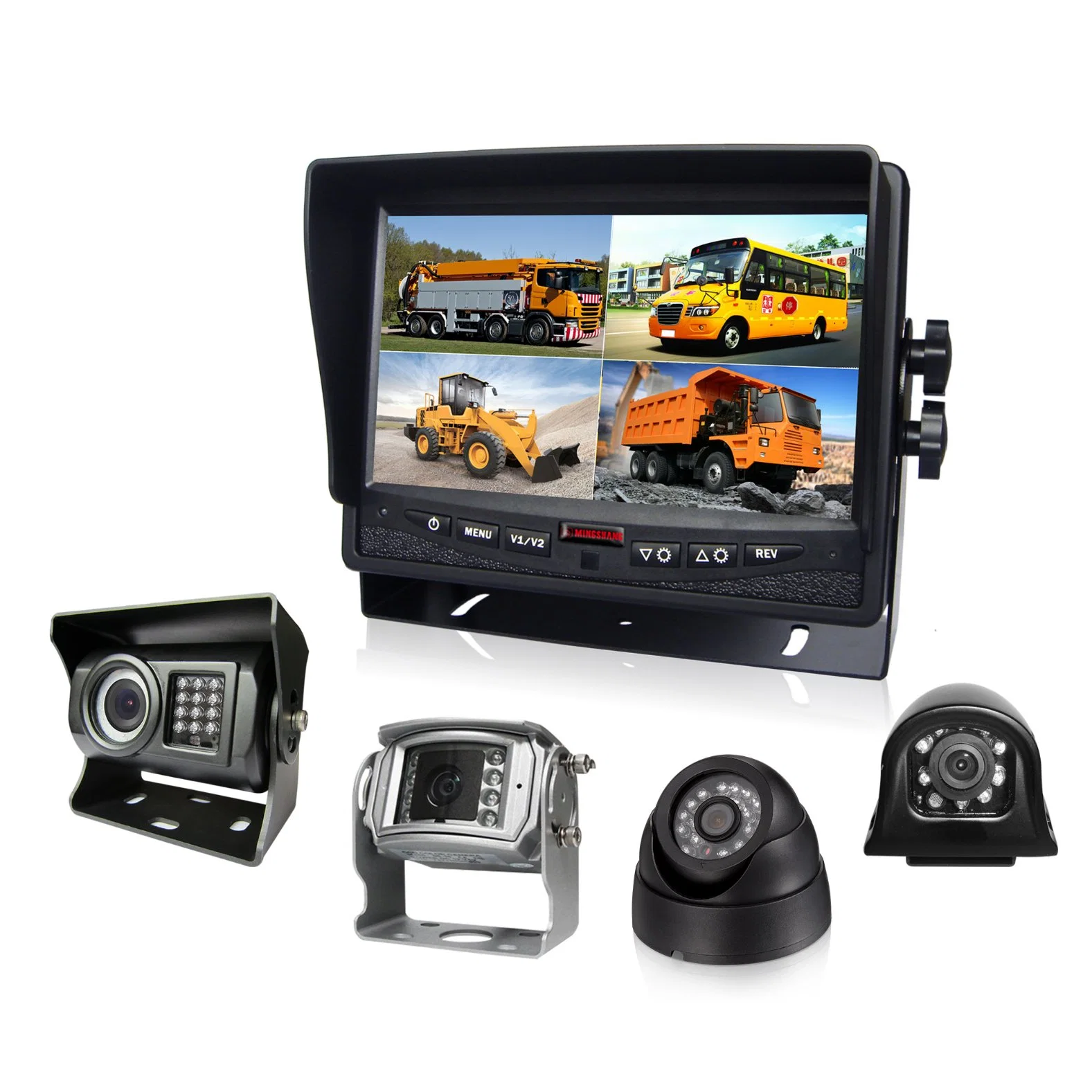 DC12V-24V 7inch Quad Rear View Car LCD Monitor 4CH AV for Truck, School Bus