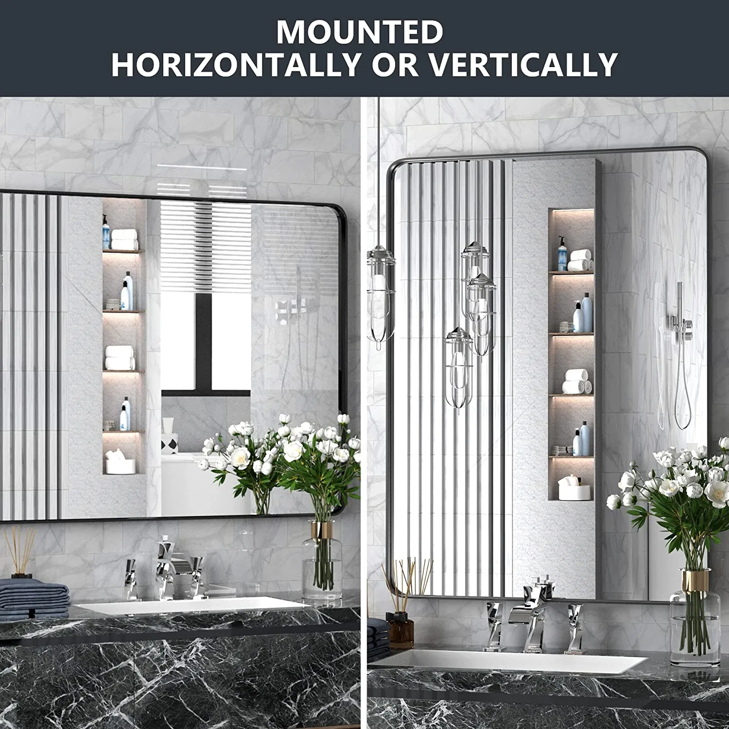 Matte Black Bathroom-Vanity-Mirror for Wall, 304 Stainless Steel Frame Bathroom Mirrors, Rounded Corner Rectangle Farmhouse Mirror, Vertical or Horizontal