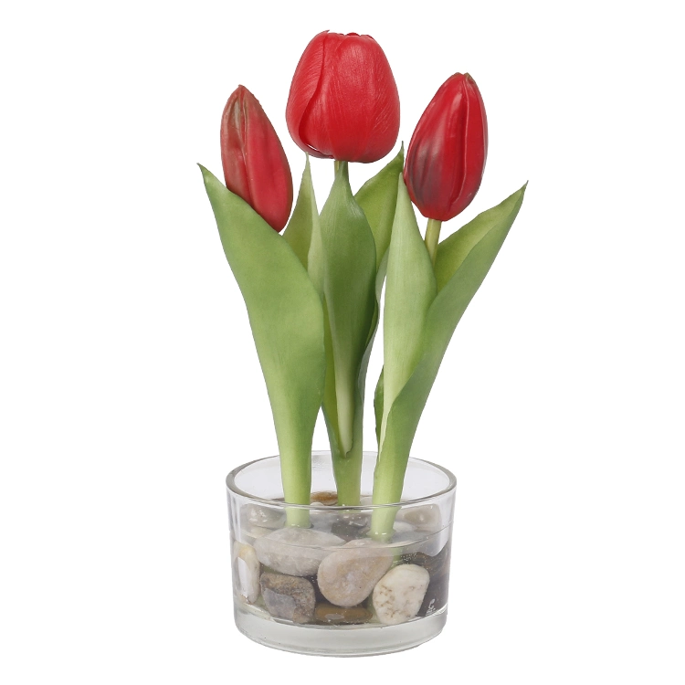 Artificial Flowers Real Touch PU Artificial Tulip Bonsai Flores Artificiales Tulips Bunch with Glass Pot