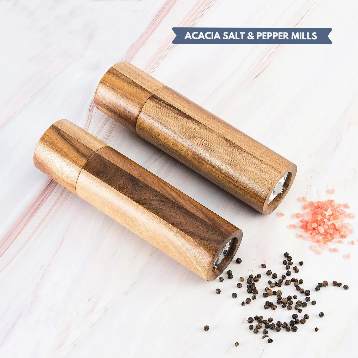 Acacia Wooden Salt & Pepper Grinder Set 8 Inch Adjustable Manual Salt Grinder Set