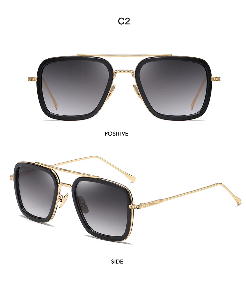 2021 Unisex elegante marco de metal cuadrados Puente Doble Oro gafas de sol lentes de PC de piloto de proceso de galvanoplastia