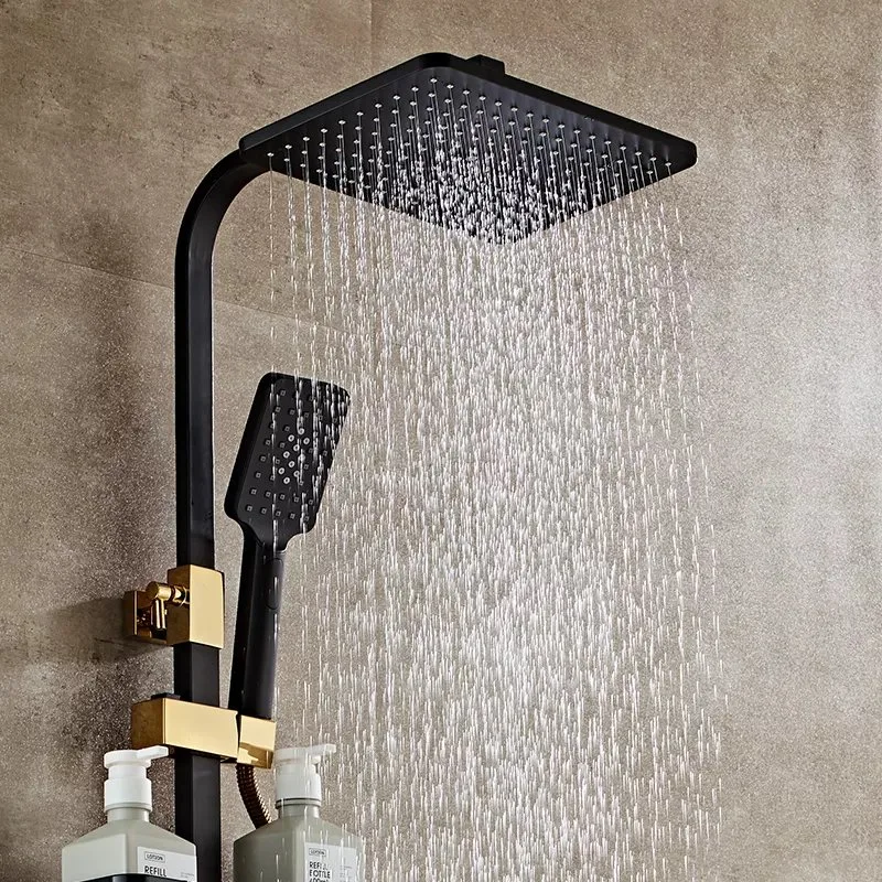 Conjunto de ducha termostática Wall-Mounted Oro Negro ducha botón redondo con pistola de pulverización