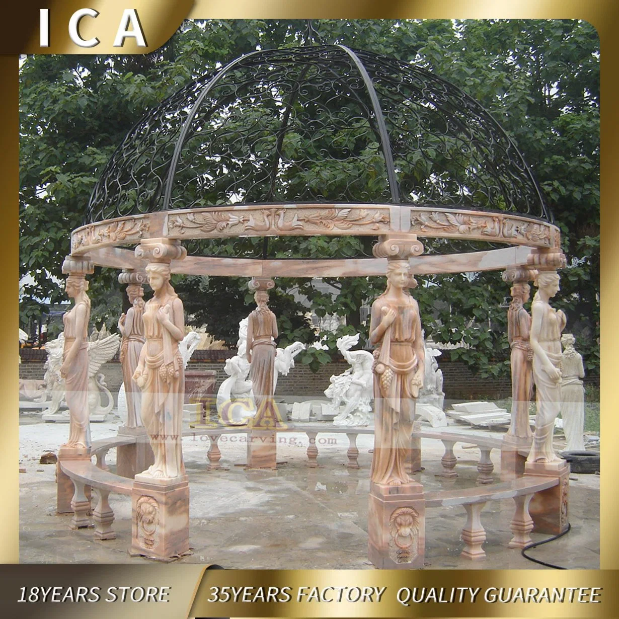 Large Sculpture Column Granite or Marble Gazebo with Iron Roof