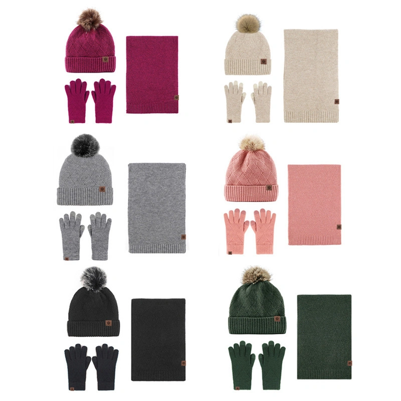 Einfarbig lang Schal Beanie Handschuhe Sets für Frauen mit Pompon