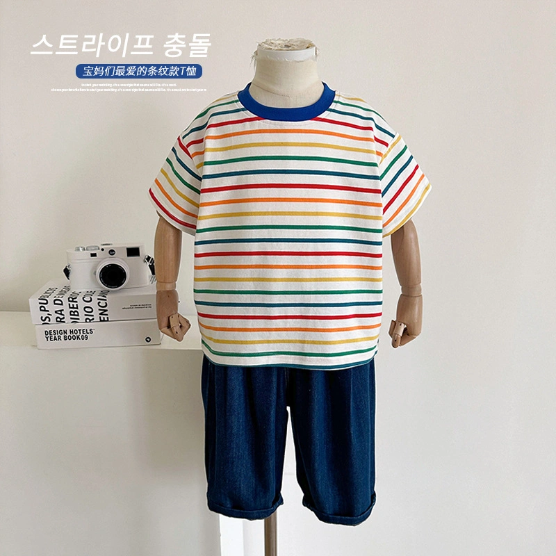 2023 Summer New Children's Korean Version of The Children's Rainbow Striped Short-Sleeved Boys and Girls with Thin T-Shirt