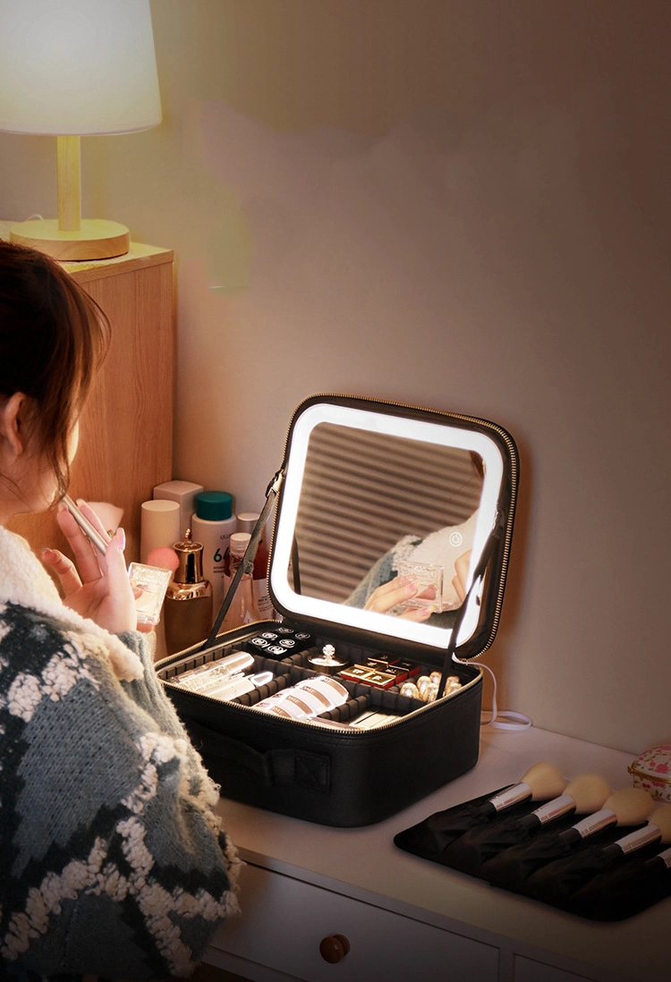 Estação Ferroviária de viagens Espelho Retrovisor LED com brilho ajustável do contactor multifunção da caixa de beleza Saco de armazenamento para produtos de toucador de mulheres