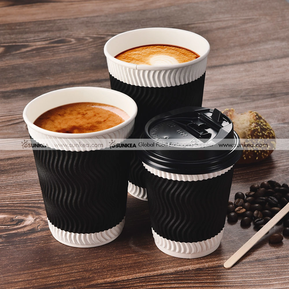 Custom Printing Disposable Takeout Hot Coffee Tea Beverage Drinks 3 Layer Ripple Wave Wall Paper Cup