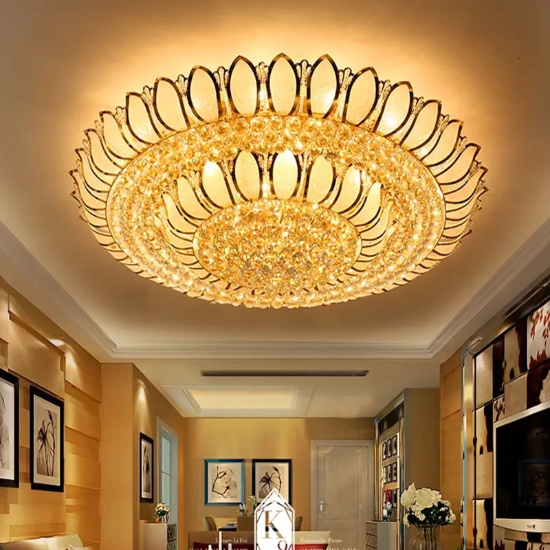 Modern Flower Round Shape LED Gold Luxury Bedroom Decoration Palace Villa Hallway Crystal Ceiling Lamp Fixture