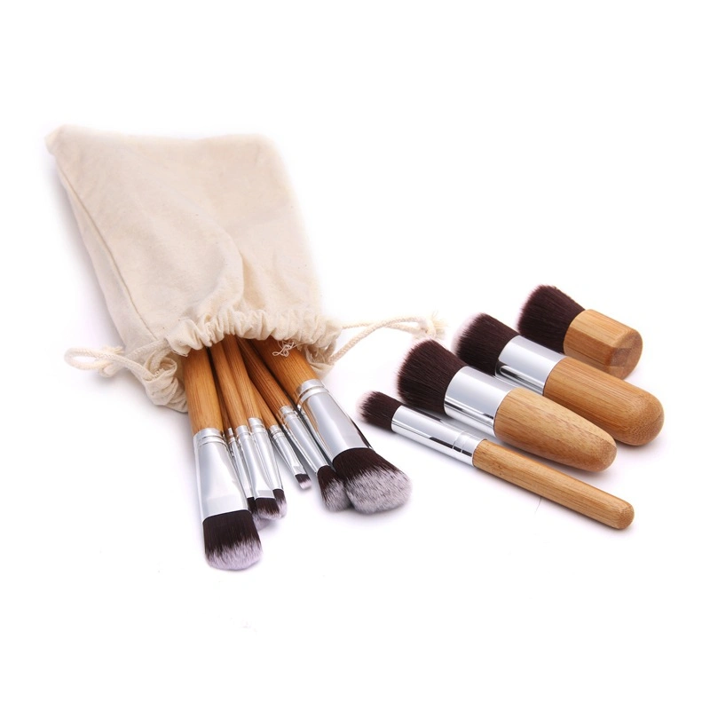 11 Pieces of Bamboo Handle Environmental Protection Linen Bag Cosmetic Brush