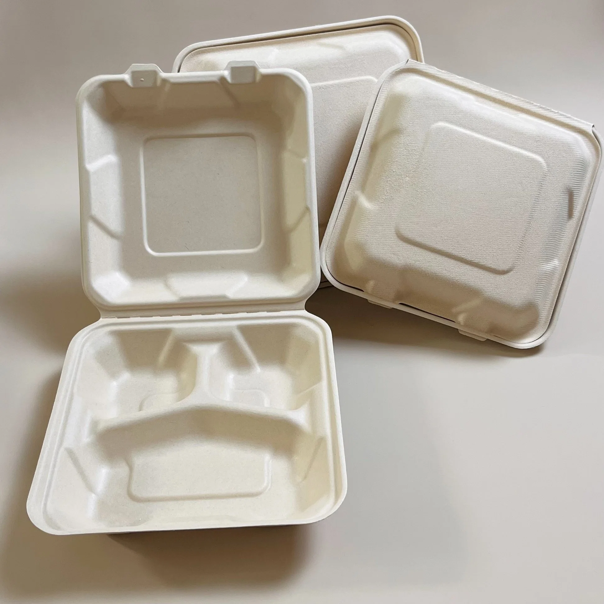 Compostable Biodegradable Disposable Clamshell 9in 3-Comp Bagasse Lunch Box