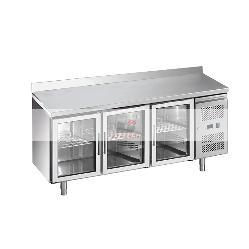 Stainless Steel Commercial Kitchen Equipment 4 Glass Door Chiller Gn Counter with Backsplash