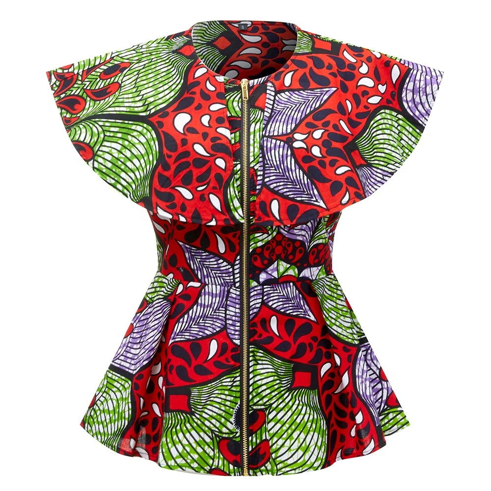 2021 Summer Wholesale/Supplier Custom African Wax Print Plus Size Casual Women Tops with Zipper