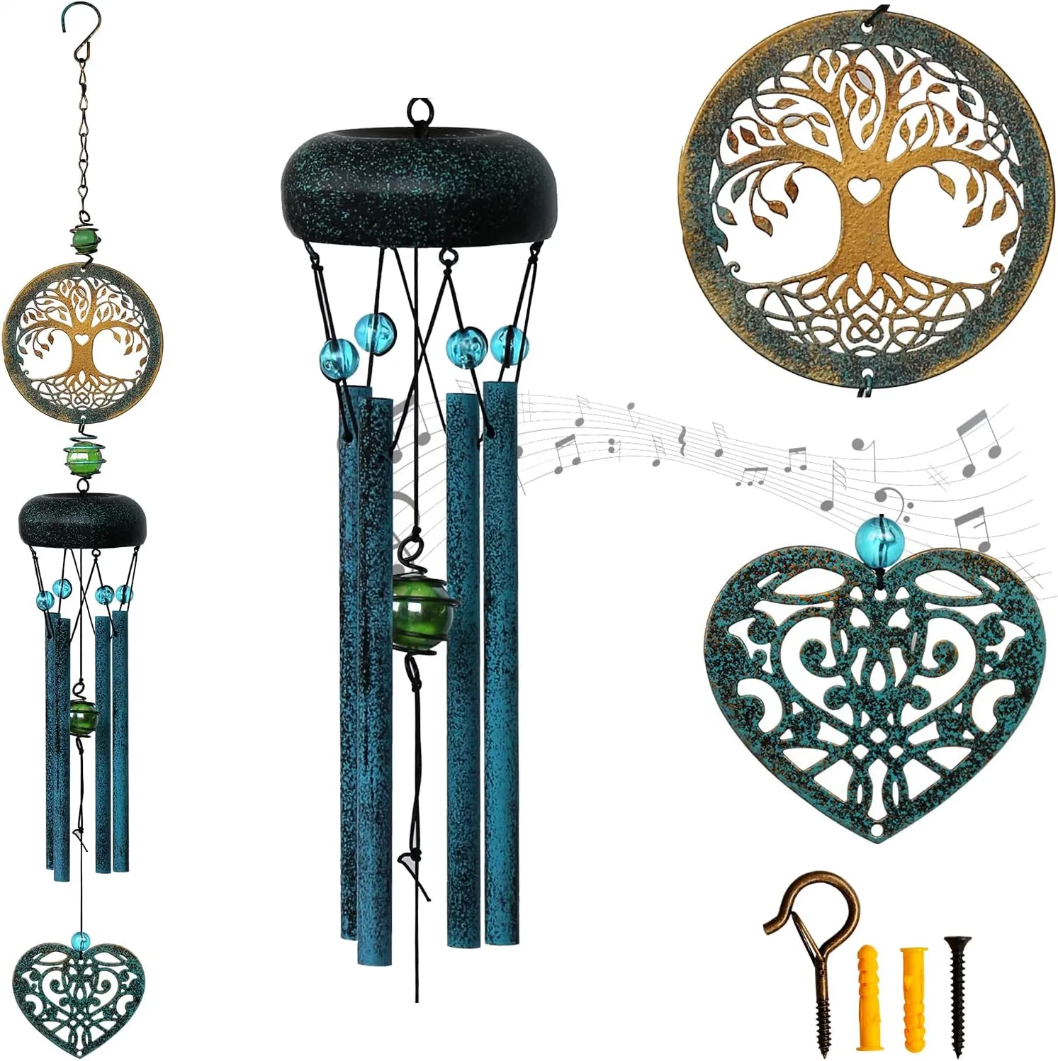 Tree of Life Metal Wind Chime Home Decoration - Deep Tone Wind-Bell Outdoor Garden Art Decor Retro Asphalt Unique Love Heart Wind Noisemakers Memorial Gifts,