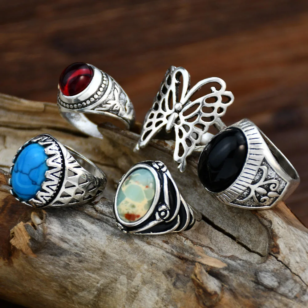 Vintage Silver Ring Set Antique Gemstone Owl Snake Butterfly Turquoise Rings