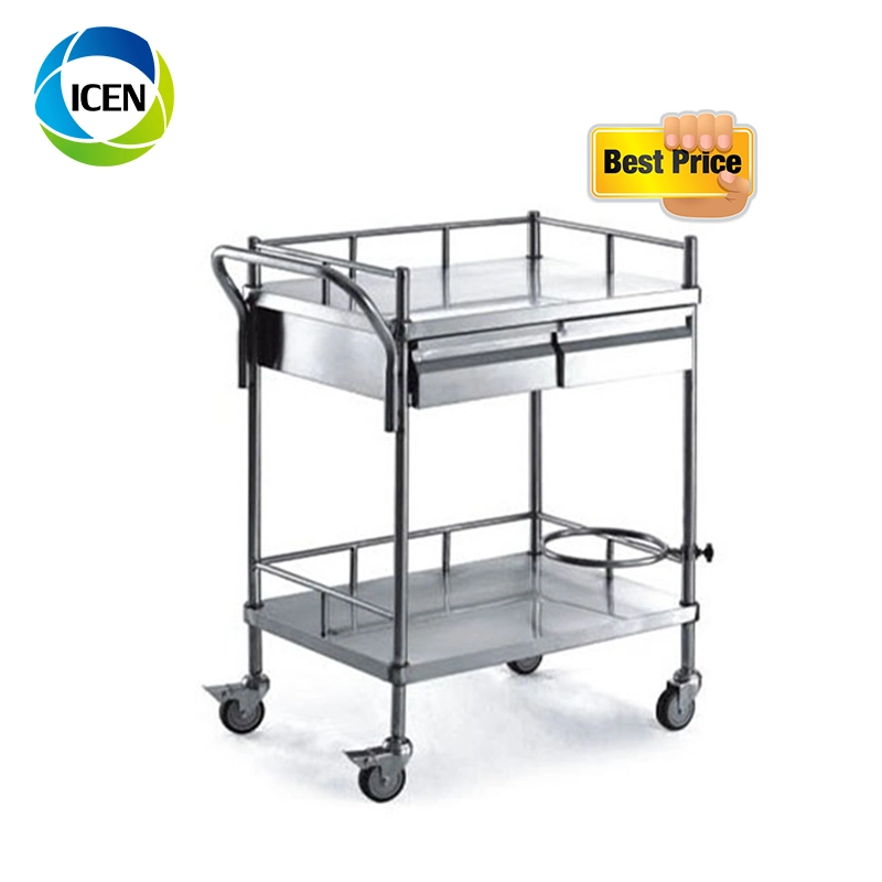 in-677 Stainless Steel Clinical Hospital Dressing Instrument Cart Trolley with 2 Drawer