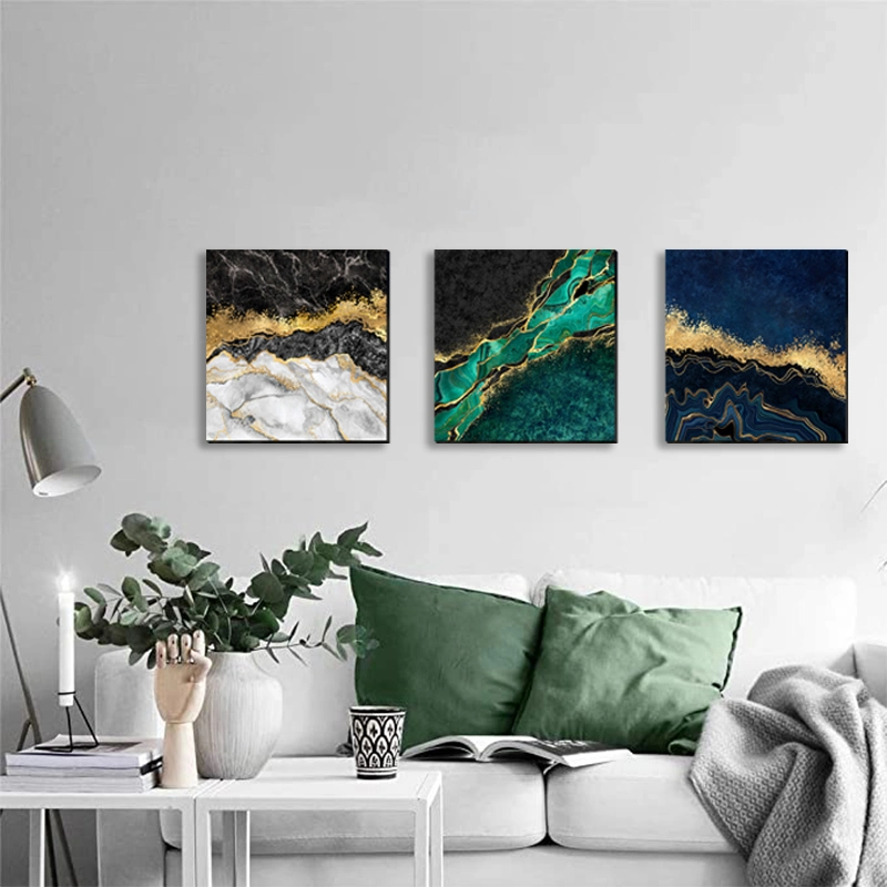 Abstract Seascape Golden Luxury Home Room Decoration Modern Wall Art Printing Painting Framed Picture 3 Piece Art Set Panel