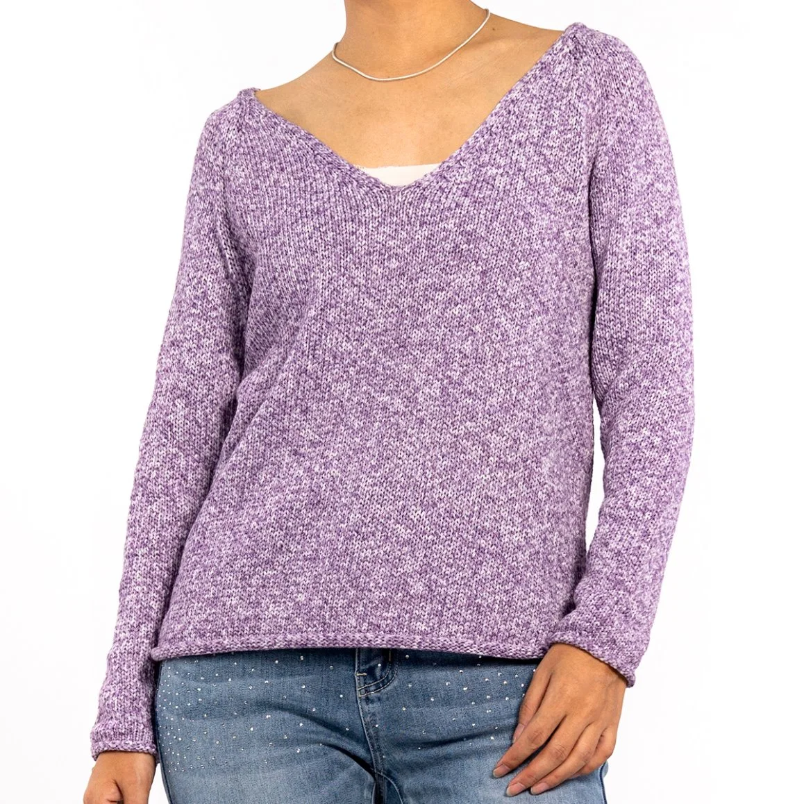 Moda Otoño Morado V-Neck Slim Enrollada larga manga para Mujeres de moda