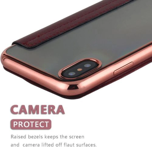 حقيبة جلدية لهاتف iPhone X مزودة بحامل قلاب من البولي يورثان المتلدن بالحرارة (TPU) بفتحة البطاقة