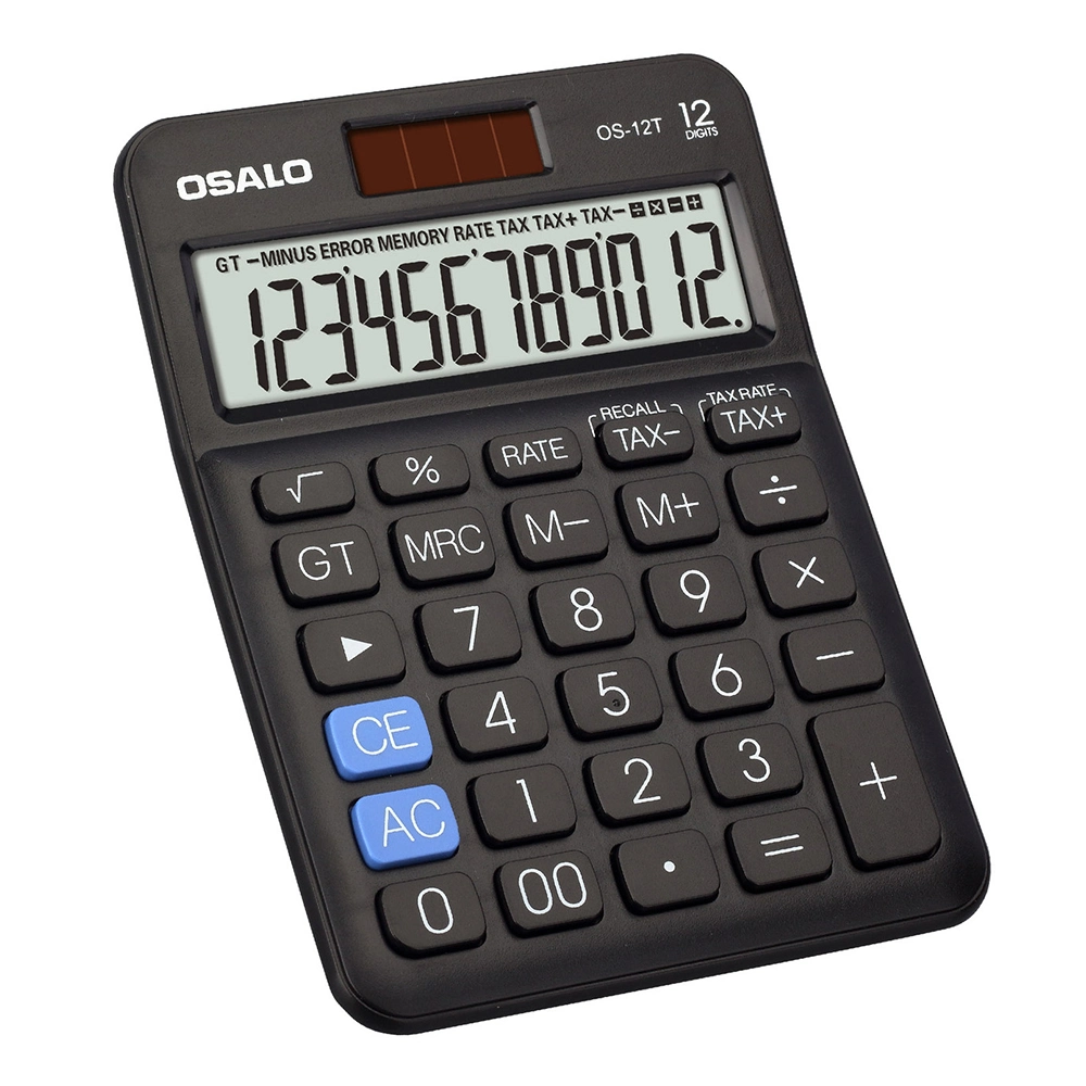 Osalo OS-12t Portable Solar Dual Power ABS Tax Rate Calculator 12 Digit Office School Calculator - Black