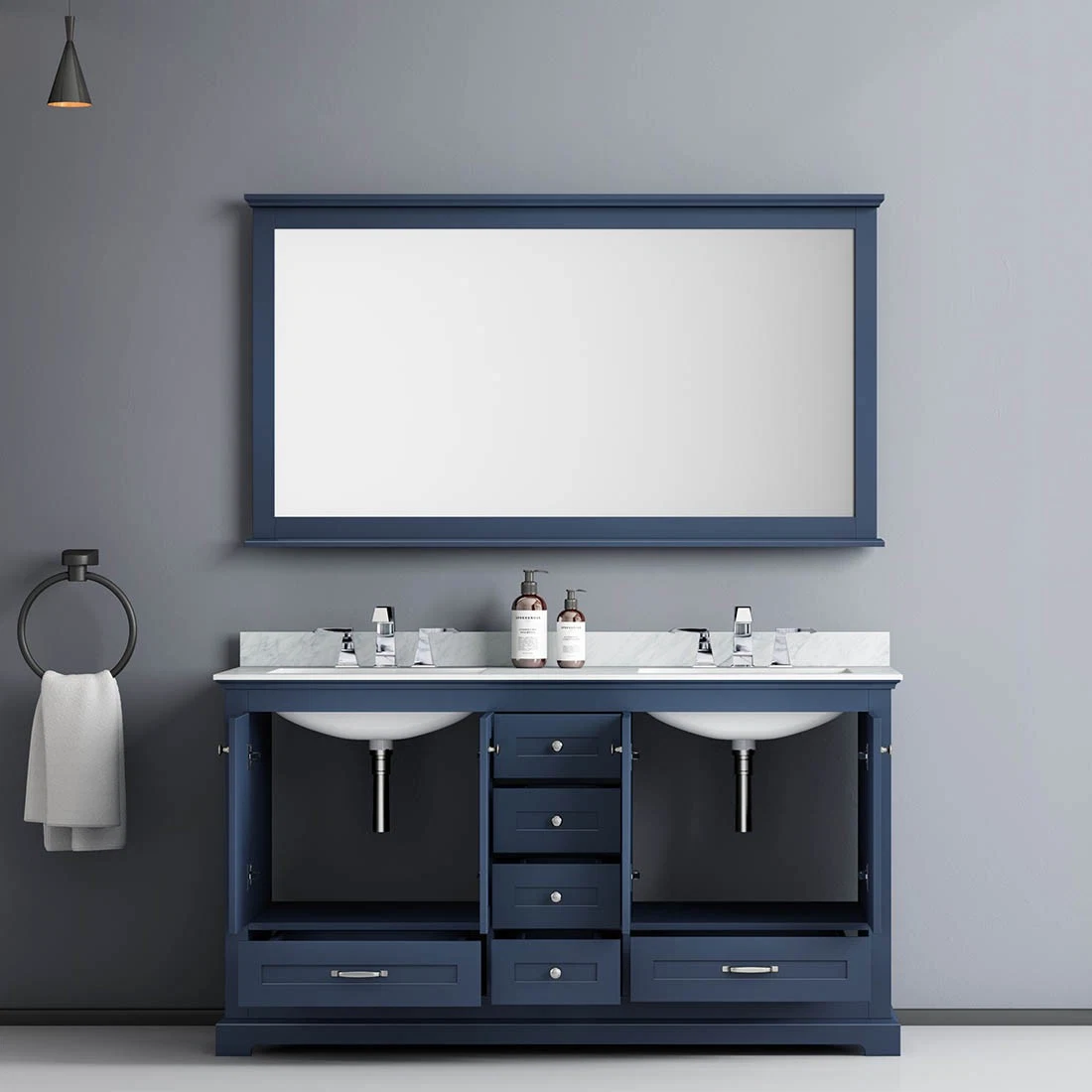 60&prime; &prime; Double Bathroom Cabinet Color Navy Blue with Mirror