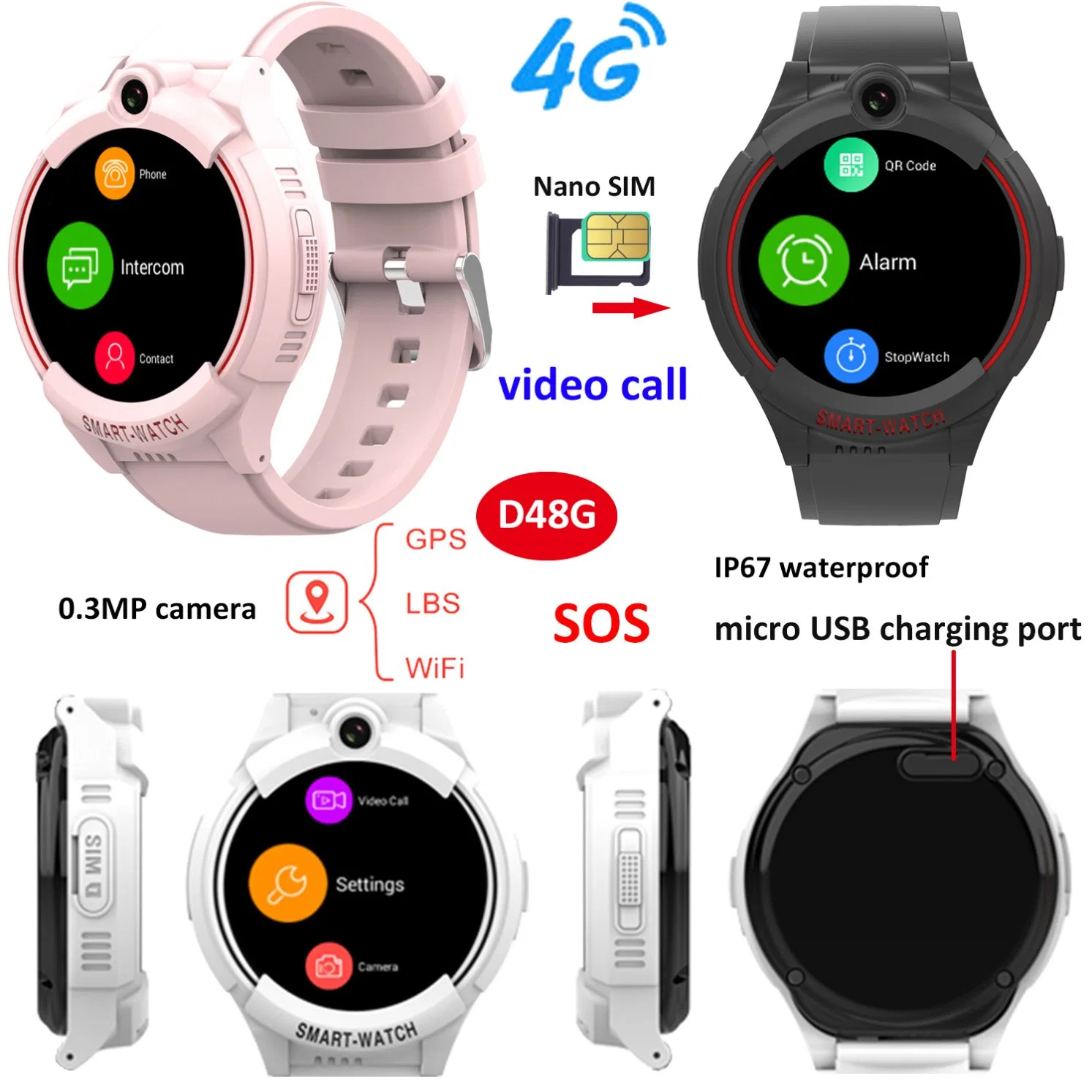 Latest 4G IP67 waterproof Micro USB charging Personal GPS Smart watch with Panic button Video call Voice monitor for kids safety